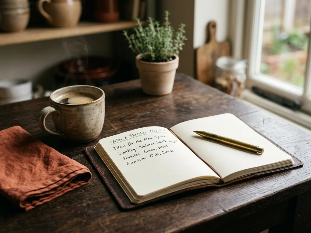 Carnet ouvert et café chaud sur une table en bois pour préparer un rendez-vous gastronomique.