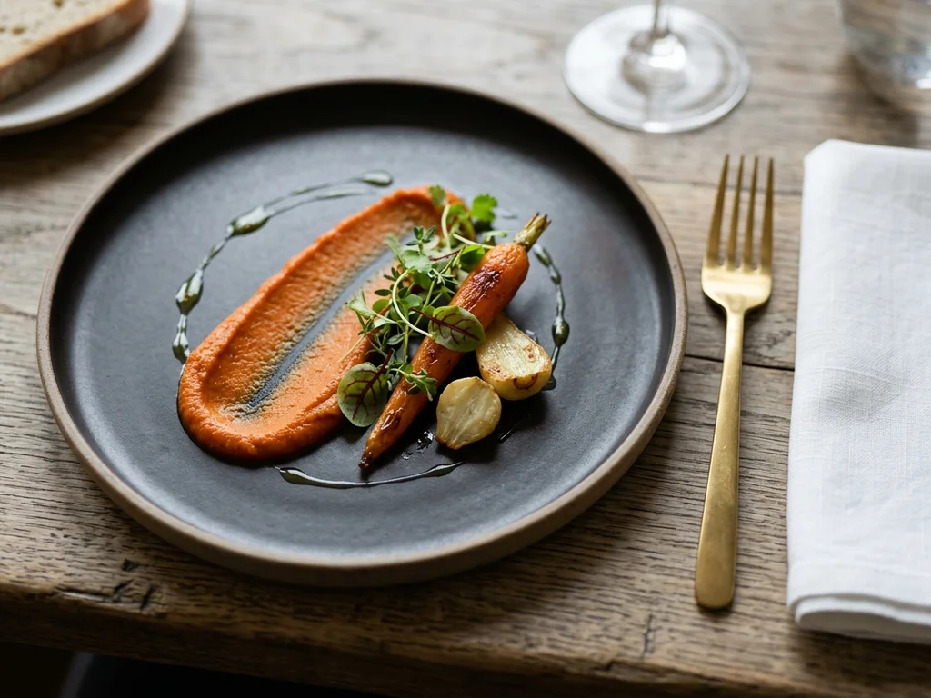 Dressage précis d'un plat gastronomique sur bois, illustrant une approche culinaire claire et authentique.