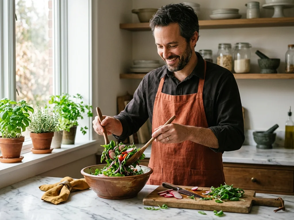 Ibrahim Lemarchand, expert en cuisine végétarienne, préparant une salade fraîche dans une cuisine lumineuse.